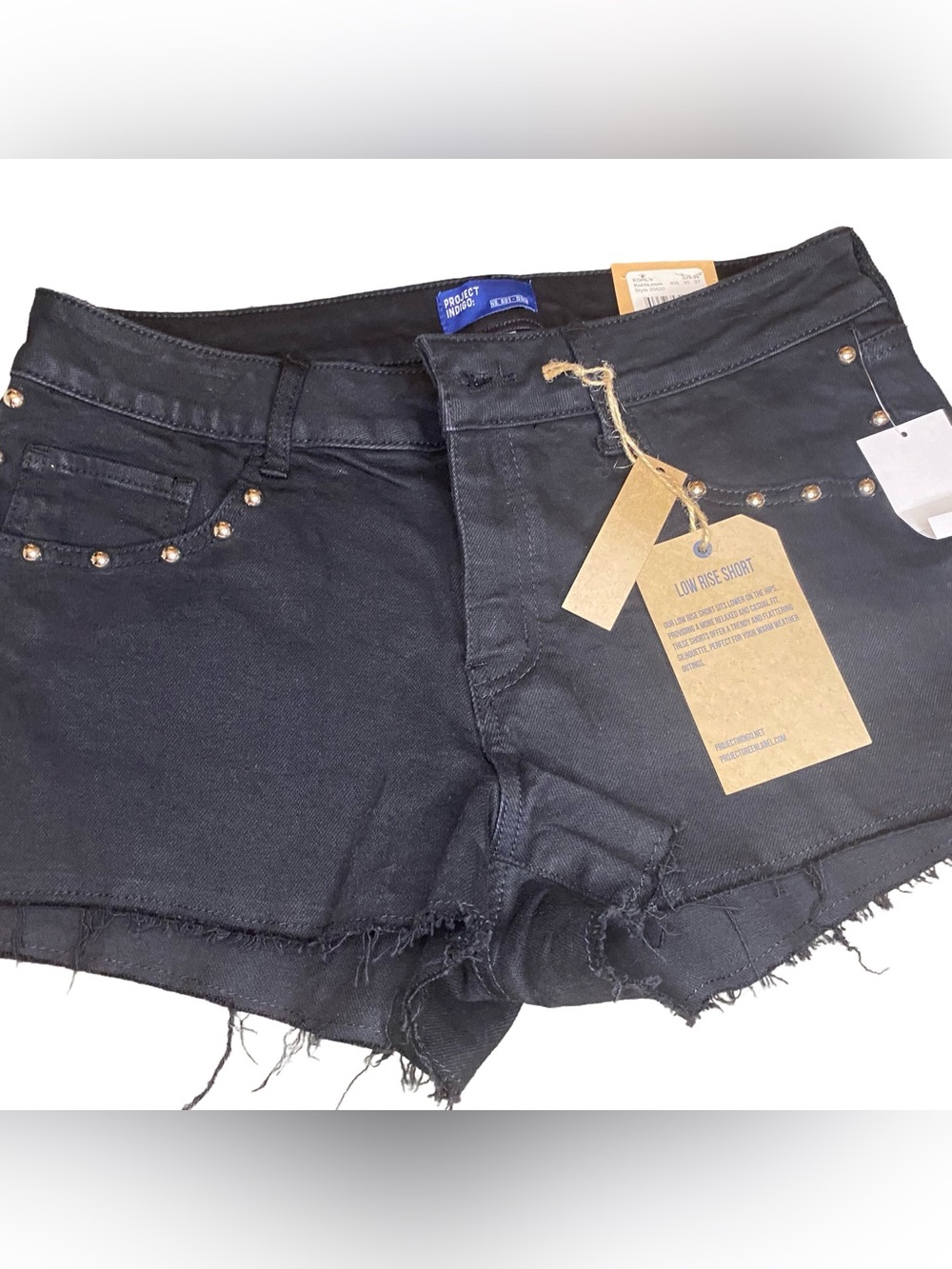 Project Indigo Black Studded Low Rise Raw Hem Shorts Sz 13